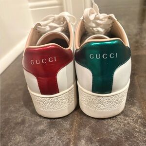 Gucci White Leather Sneakers with Red and Green Details